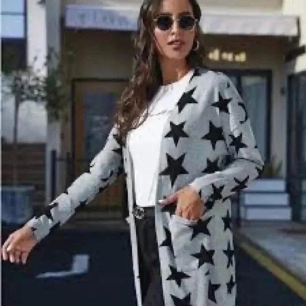 Shein | Five-Pointed Star Pattern Pocket Front Cardigan Longline Small